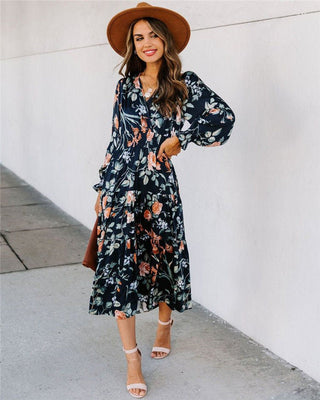 Ladies Printed Mid - Waist French Long Sleeve V - Neck Dress - Hstrends