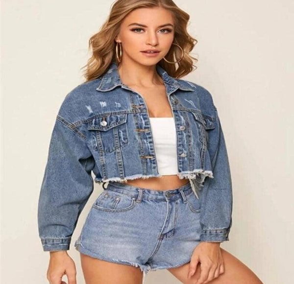 Ladies Ripped Crop Denim Fashion Jacket - Hstrends