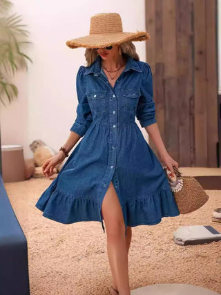 Lapel Long - Sleeved Splicing Casual denim Dress - Hstrends