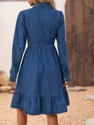 Lapel Long - Sleeved Splicing Casual denim Dress - Hstrends
