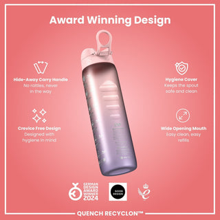 Leak Proof 1 Litre Water Bottle with Times to Drink, Recyclon, Purple & Rose, 1L - Hstrends