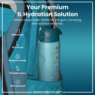 Leak Proof 1 Litre Water Bottle with Times to Drink, Recyclon, Teal & Blue, 1L - Hstrends