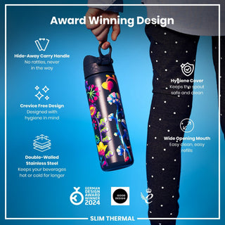 Leak Proof Slim Thermal Water Bottle, Insulated Steel, Bright Floral, 500ml (17oz) - Hstrends