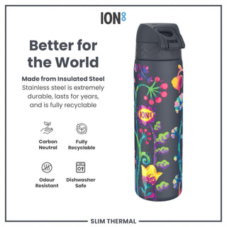 Leak Proof Slim Thermal Water Bottle, Insulated Steel, Bright Floral, 500ml (17oz) - Hstrends