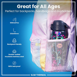 Leak Proof Slim Thermal Water Bottle, Insulated Steel, Bright Floral, 500ml (17oz) - Hstrends