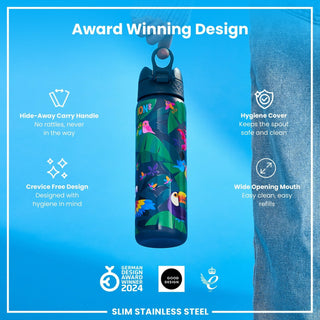 Leak Proof Slim Water Bottle, Stainless Steel, Exotic Birds, 600ml (20oz) - Hstrends
