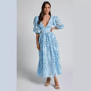 Light Blue Cut Out Long Skirt V Neck knitted Lace Embroidery Dress - Hstrends