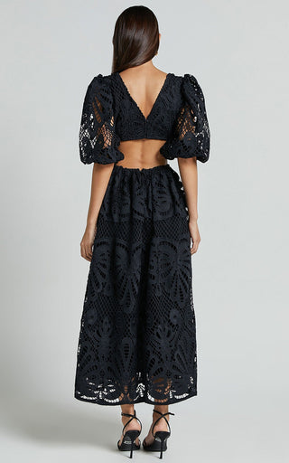Light Blue Cut Out Long Skirt V Neck knitted Lace Embroidery Dress - Hstrends