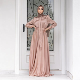 Long Flared Satin modest maxi Dress - Hstrends