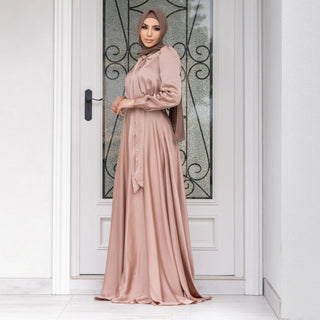 Long Flared Satin modest maxi Dress - Hstrends