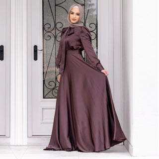 Long Flared Satin modest maxi Dress - Hstrends
