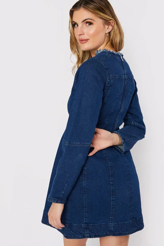 Long Sleeve Fit Flare Denim Dress - Dark Blue Wash - Hstrends