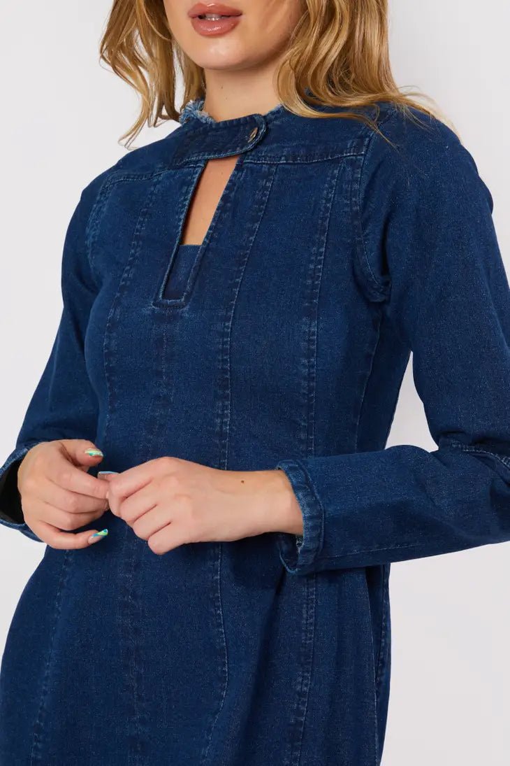 Long Sleeve Fit Flare Denim Dress - Dark Blue Wash Hstrends Long Sleeve Fit Flare Denim Dress - Dark Blue Wash Hstrends
