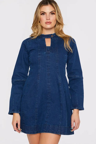 Long Sleeve Fit Flare Denim Dress - Dark Blue Wash - Hstrends
