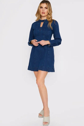 Long Sleeve Fit Flare Denim Dress - Dark Blue Wash - Hstrends