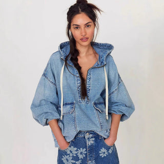 Long Sleeve Loose Casual Hooded Washed Denim Jacket - Hstrends