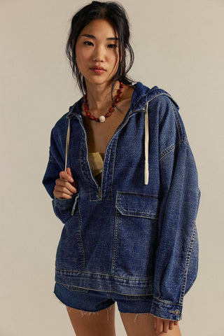 Long Sleeve Loose Casual Hooded Washed Denim Jacket - Hstrends