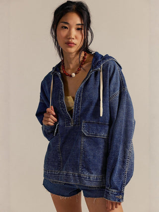 Long Sleeve Loose Casual Hooded Washed Denim Jacket - Hstrends