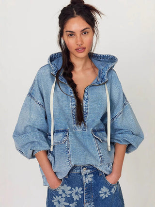 Long Sleeve Loose Casual Hooded Washed Denim Jacket - Hstrends