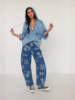 Long Sleeve Loose Casual Hooded Washed Denim Jacket - Hstrends