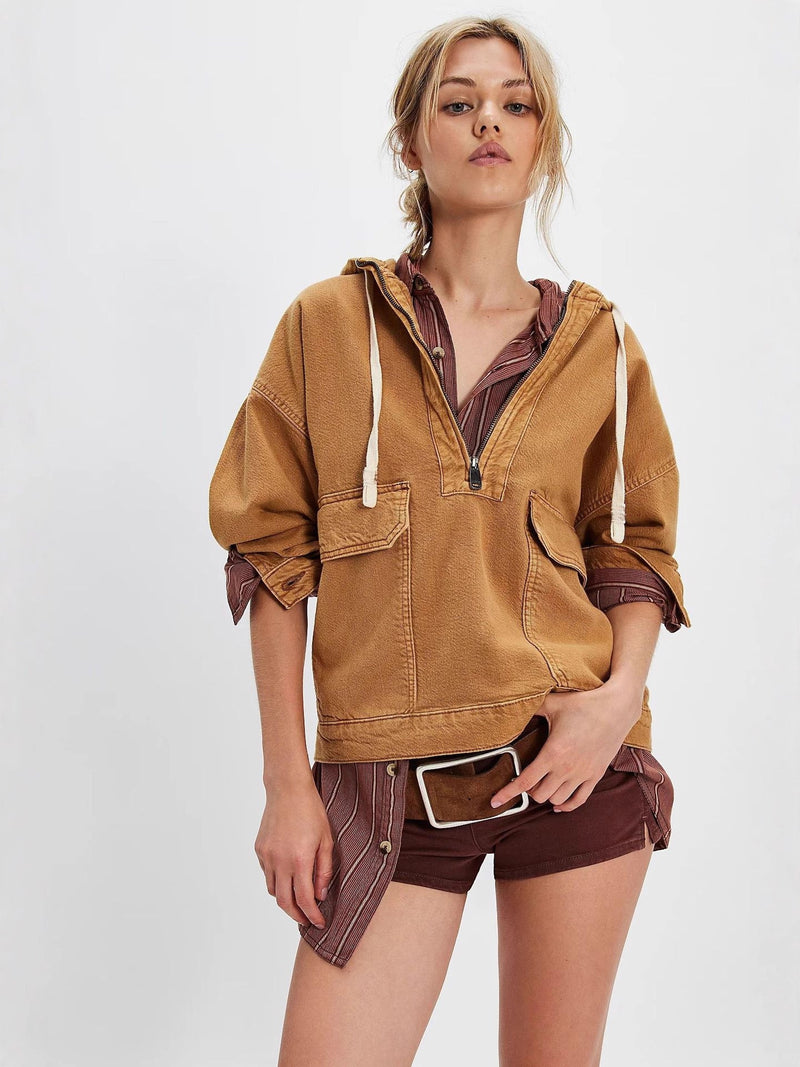 Long Sleeve Loose Casual Hooded Washed Denim Jacket - Hstrends