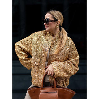 Long Sleeve Loose Retro Sequin Jacket - Hstrends