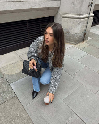 Long Sleeve Loose Retro Sequin Jacket - Hstrends