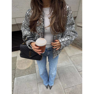 Long Sleeve Loose Retro Sequin Jacket - Hstrends