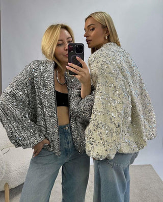 Long Sleeve Loose Retro Sequin Jacket - Hstrends