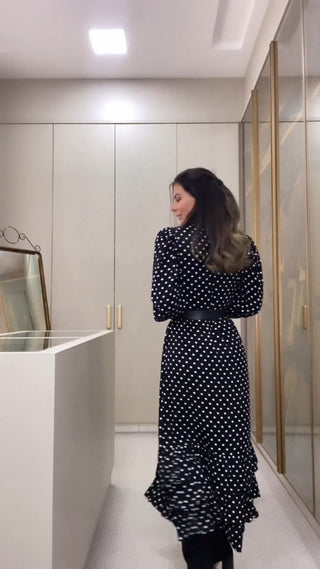 Long Sleeve Polka Dot slit maxi dress - Hstrends