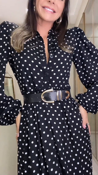 Long Sleeve Polka Dot slit maxi dress - Hstrends