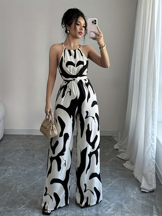 Loose Black And White Milk Pattern Halter neck Wide Leg Jumpsuit - Hstrends