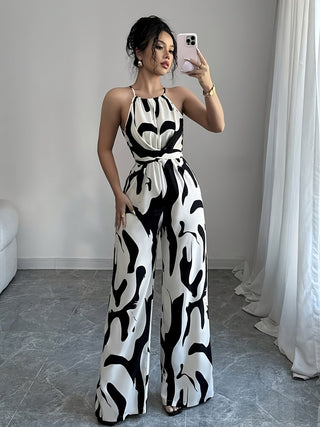 Loose Black And White Milk Pattern Halter neck Wide Leg Jumpsuit - Hstrends