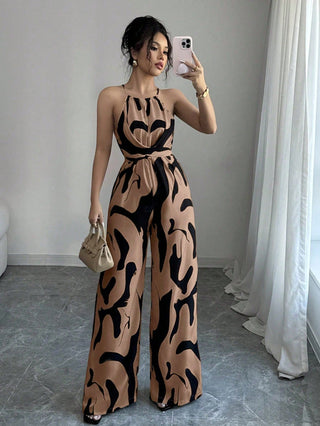 Loose Black And White Milk Pattern Halter neck Wide Leg Jumpsuit - Hstrends