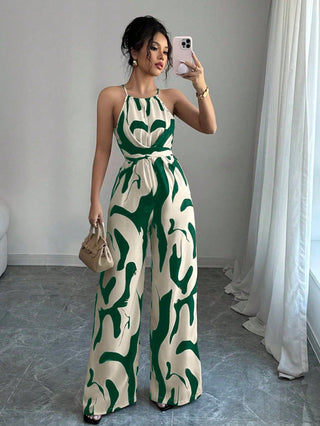 Loose Black And White Milk Pattern Halter neck Wide Leg Jumpsuit - Hstrends