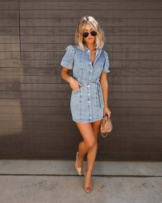 Loose Denim Short Sleeve Dress - Hstrends