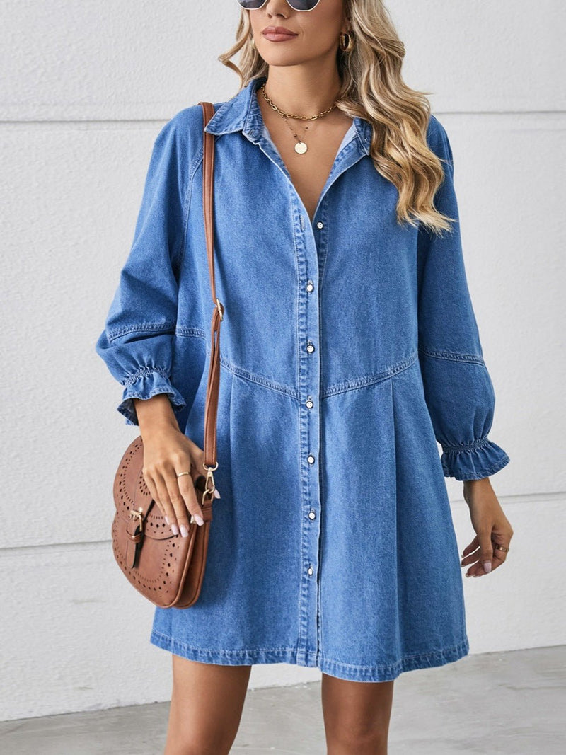 Loose Washed Long - Sleeved Spliced Denim Mid - Length Dress - Hstrends