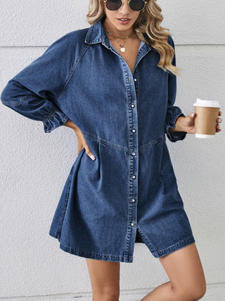 Loose Washed Long - Sleeved Spliced Denim Mid - Length Dress - Hstrends
