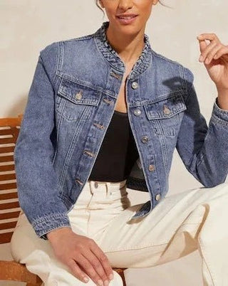 Love & Roses Mid Wash Ruffle Collar Denim Jacket - Hstrends