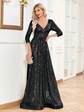 Luxury V Neck Long Sleeves Blue Sequins Formal Evening maxi Dress - Hstrends