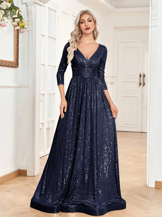 Luxury V Neck Long Sleeves Blue Sequins Formal Evening maxi Dress - Hstrends