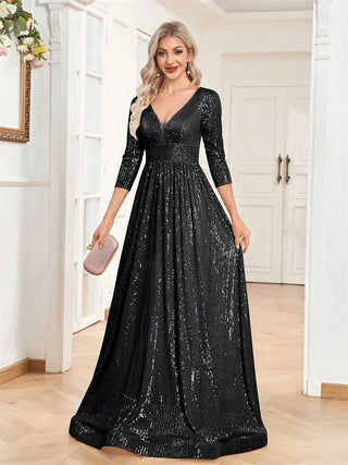 Luxury V Neck Long Sleeves Blue Sequins Formal Evening maxi Dress - Hstrends