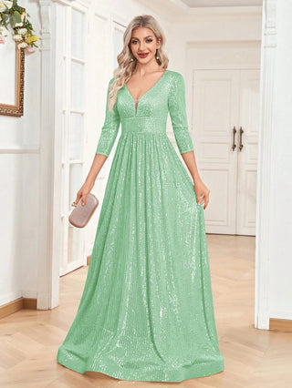 Luxury V Neck Long Sleeves Blue Sequins Formal Evening maxi Dress - Hstrends