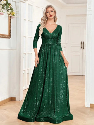 Luxury V Neck Long Sleeves Blue Sequins Formal Evening maxi Dress - Hstrends