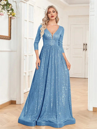 Luxury V Neck Long Sleeves Blue Sequins Formal Evening maxi Dress - Hstrends