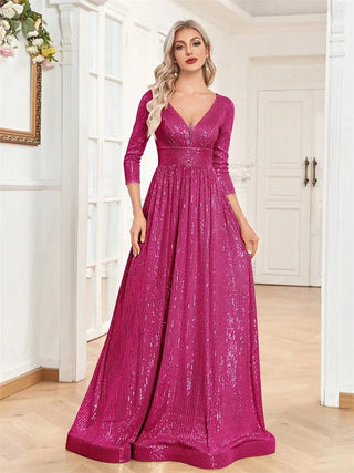 Luxury V Neck Long Sleeves Blue Sequins Formal Evening maxi Dress - Hstrends