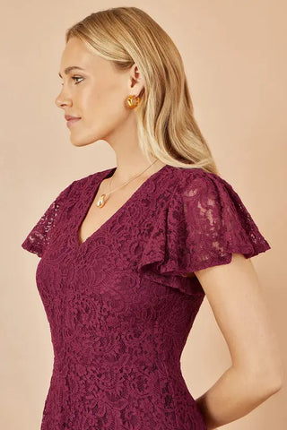 Yumi Burgundy Stretch Lace Puff Sleeve Midi Dress