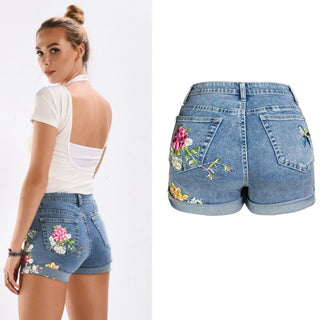 Flower Embroidery Denim Shorts