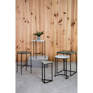 Marble Top Nest of 3 Tables with Black Metal Bases in Assorted Tones and Shapes, Mandoli - Hstrends