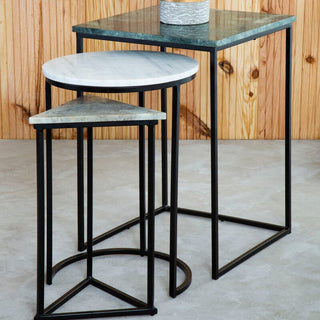 Marble Top Nest of 3 Tables with Black Metal Bases in Assorted Tones and Shapes, Mandoli - Hstrends